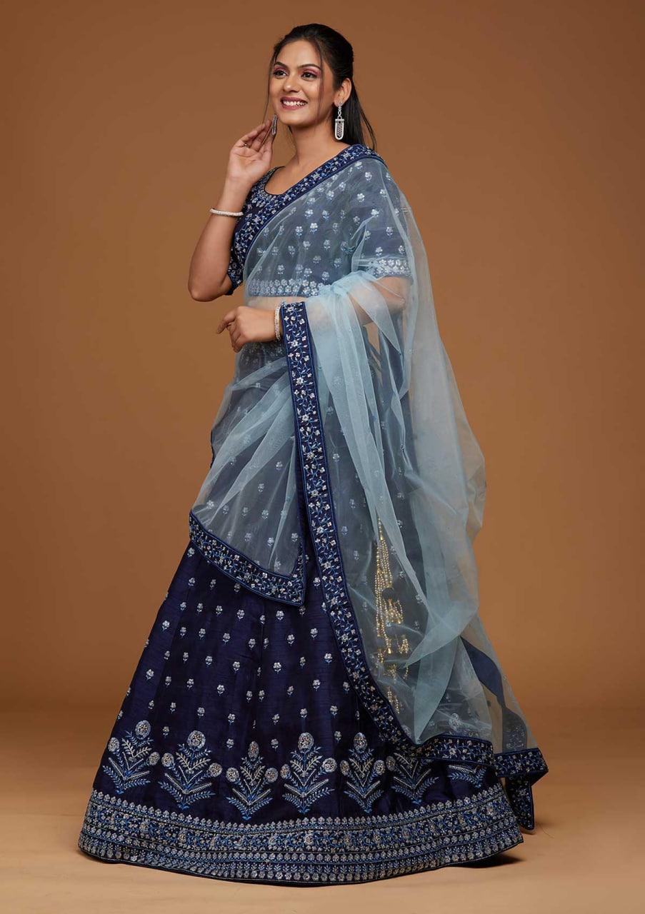 XORIVAA BLUE EMBROIDERED SLUB LEHENGA CHOLI