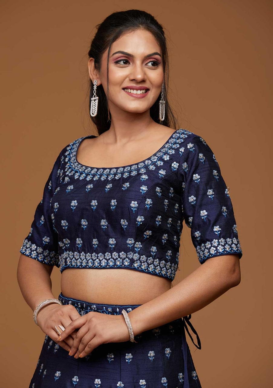 XORIVAA BLUE EMBROIDERED SLUB LEHENGA CHOLI