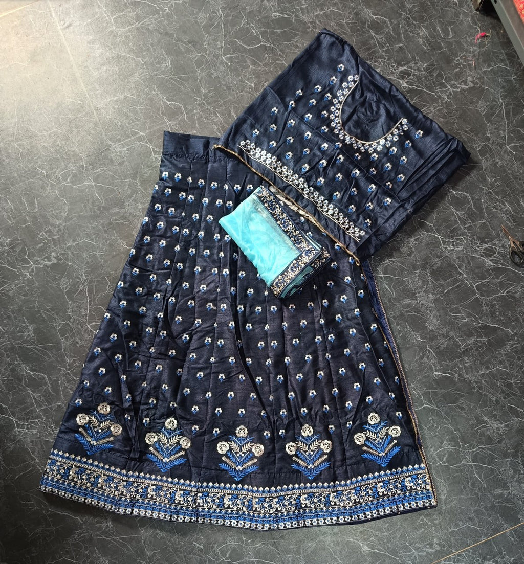 XORIVAA BLUE EMBROIDERED SLUB LEHENGA CHOLI
