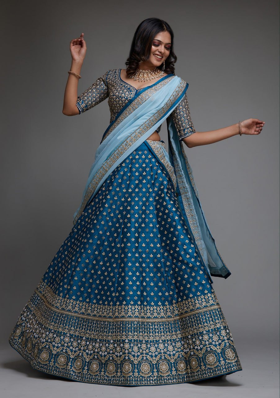 XORIVAA ROYAL BLUE FLORAL EMBROIDERED LEHENGA CHOLI
