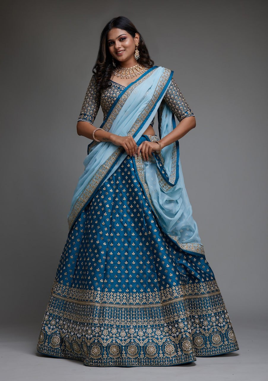 XORIVAA ROYAL BLUE FLORAL EMBROIDERED LEHENGA CHOLI