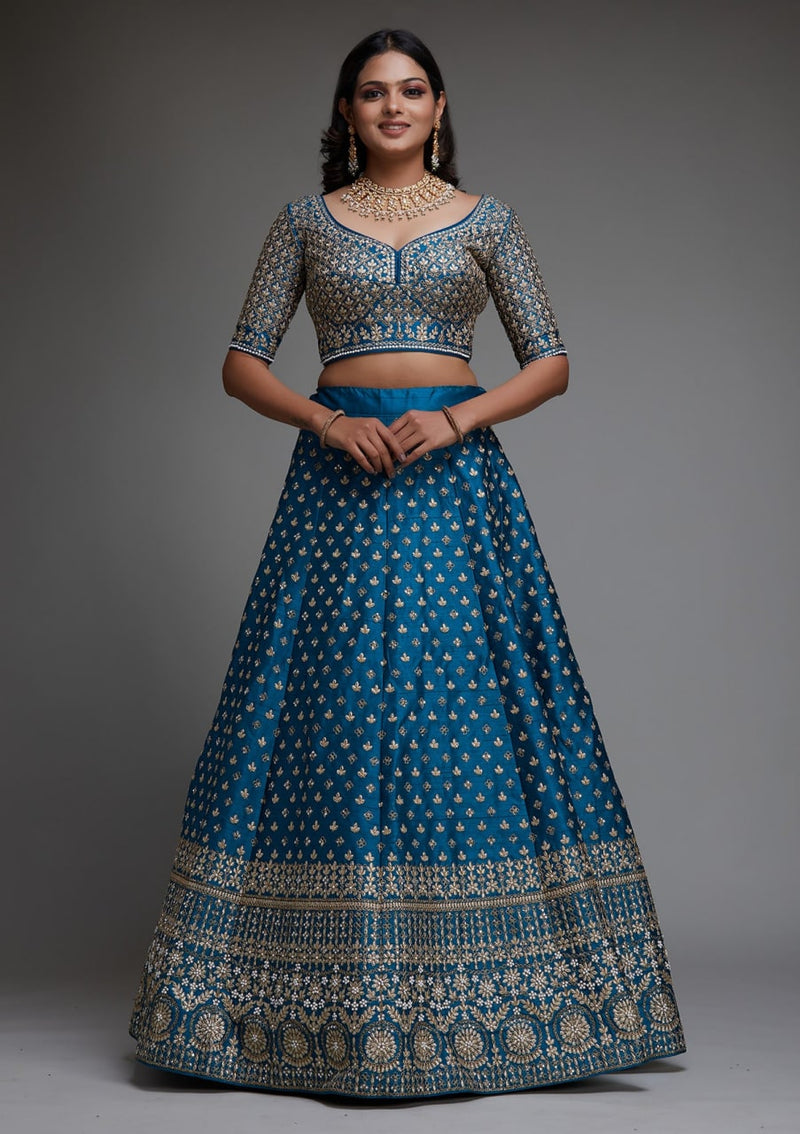 XORIVAA ROYAL BLUE FLORAL EMBROIDERED LEHENGA CHOLI