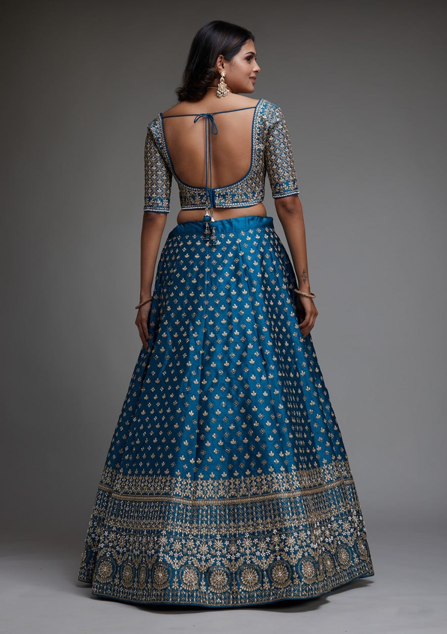 XORIVAA ROYAL BLUE FLORAL EMBROIDERED LEHENGA CHOLI