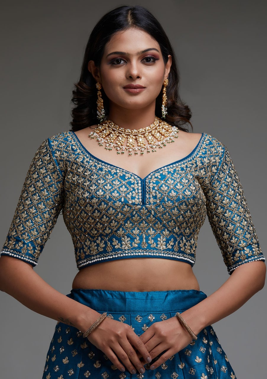 XORIVAA ROYAL BLUE FLORAL EMBROIDERED LEHENGA CHOLI