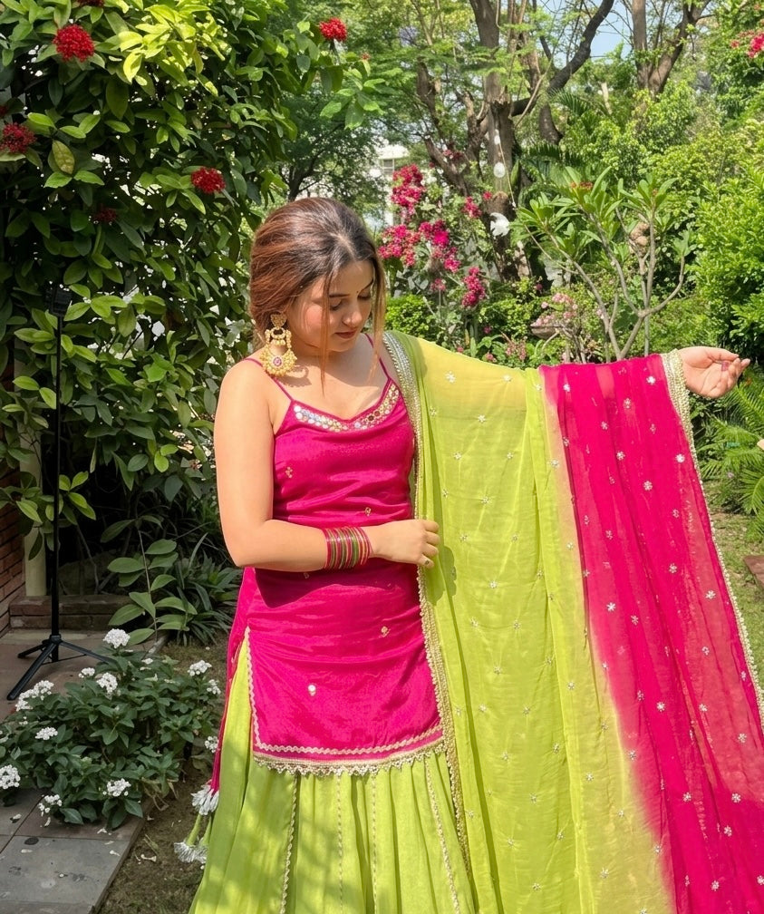 XORIVAA RANI PINK & ORANGE SEQUIN EMBROIDERED CROP TOP LEHENGA SET
