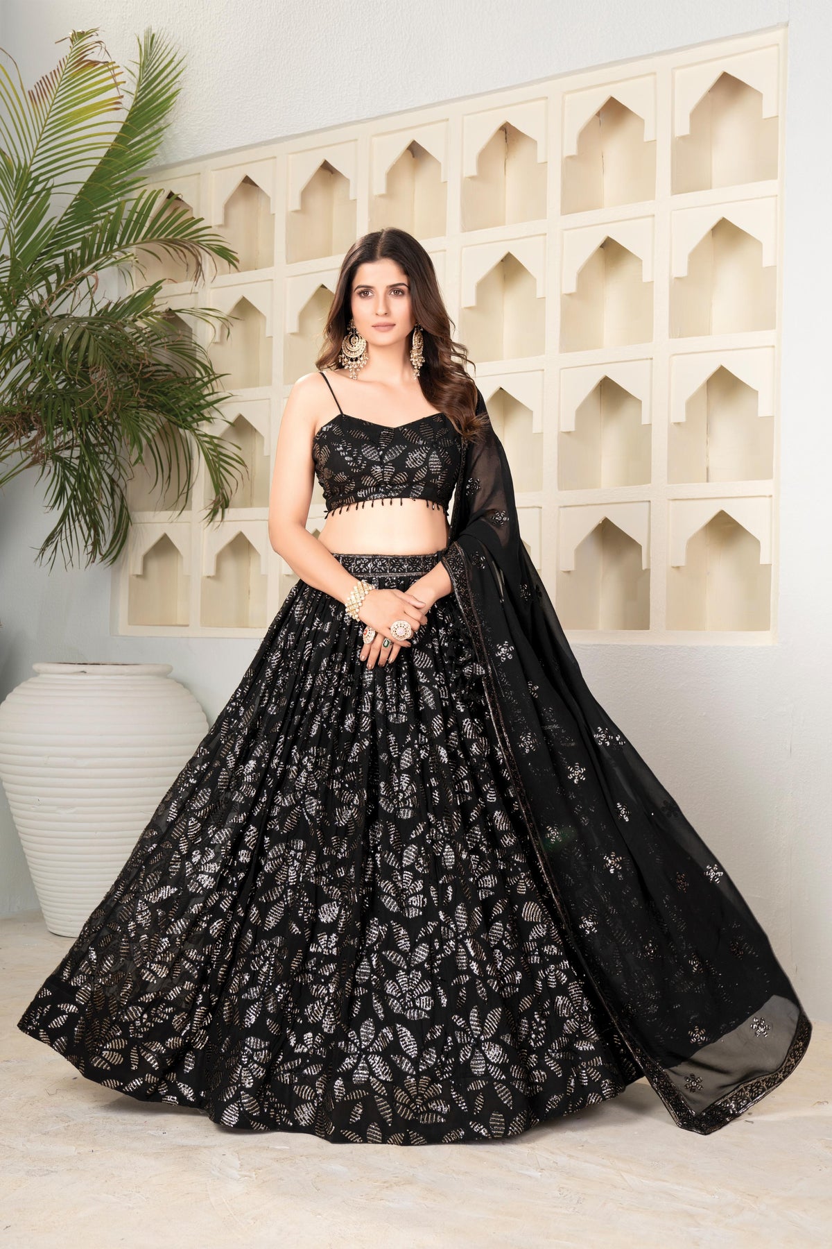 XORIVAA BLACK ROYAL SEQUIN EMBROIDERED LEHENGA CHOLI