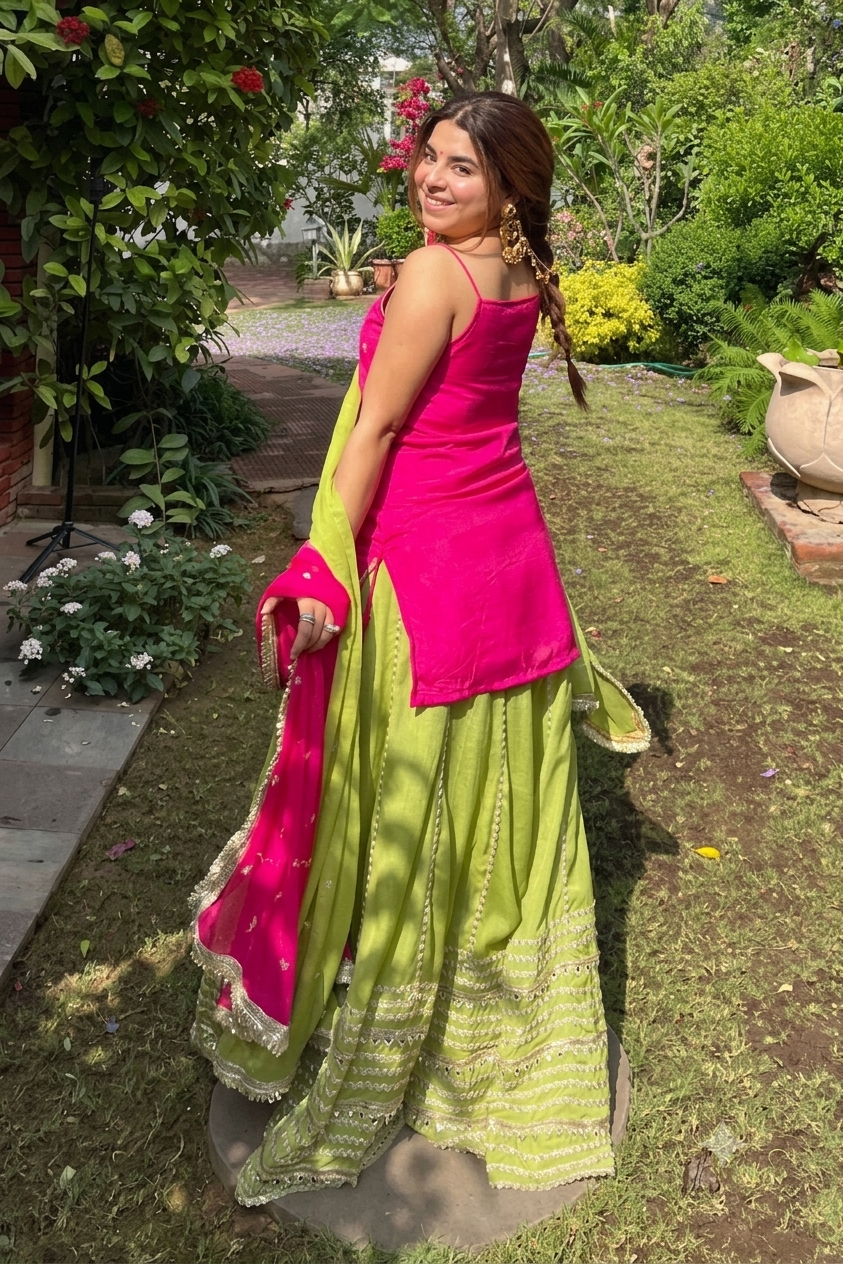 XORIVAA RANI PINK & ORANGE SEQUIN EMBROIDERED CROP TOP LEHENGA SET