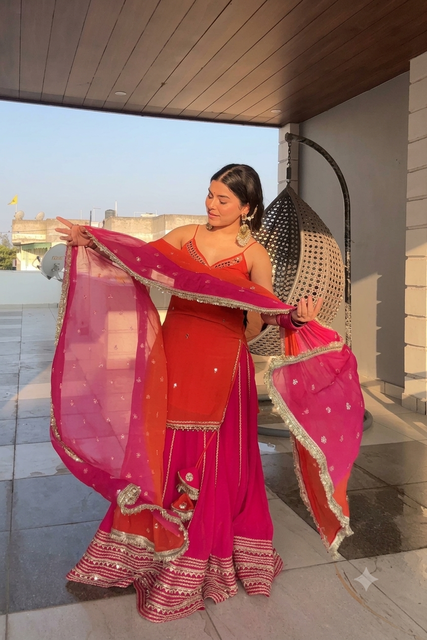 XORIVAA RANI PINK & ORANGE SEQUIN EMBROIDERED CROP TOP LEHENGA SET