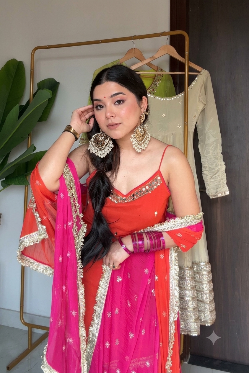 XORIVAA RANI PINK & ORANGE SEQUIN EMBROIDERED CROP TOP LEHENGA SET