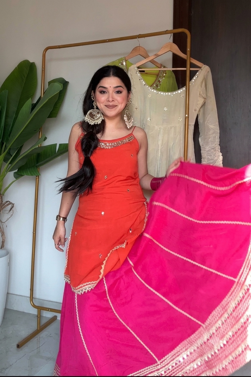 XORIVAA RANI PINK & ORANGE SEQUIN EMBROIDERED CROP TOP LEHENGA SET