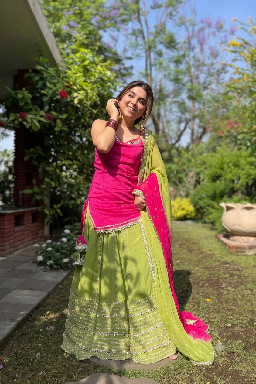 XORIVAA RANI PINK & ORANGE SEQUIN EMBROIDERED CROP TOP LEHENGA SET
