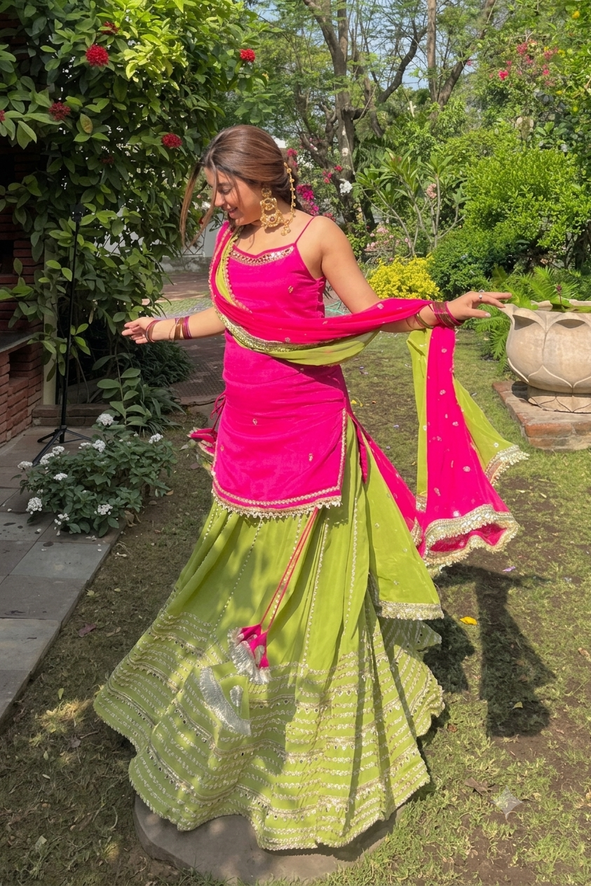 XORIVAA RANI PINK & ORANGE SEQUIN EMBROIDERED CROP TOP LEHENGA SET