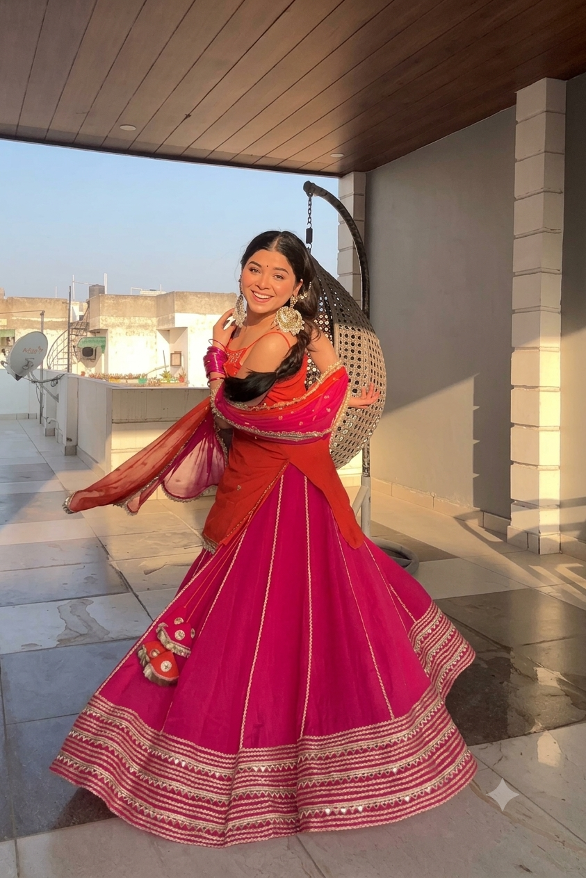 XORIVAA RANI PINK & ORANGE SEQUIN EMBROIDERED CROP TOP LEHENGA SET