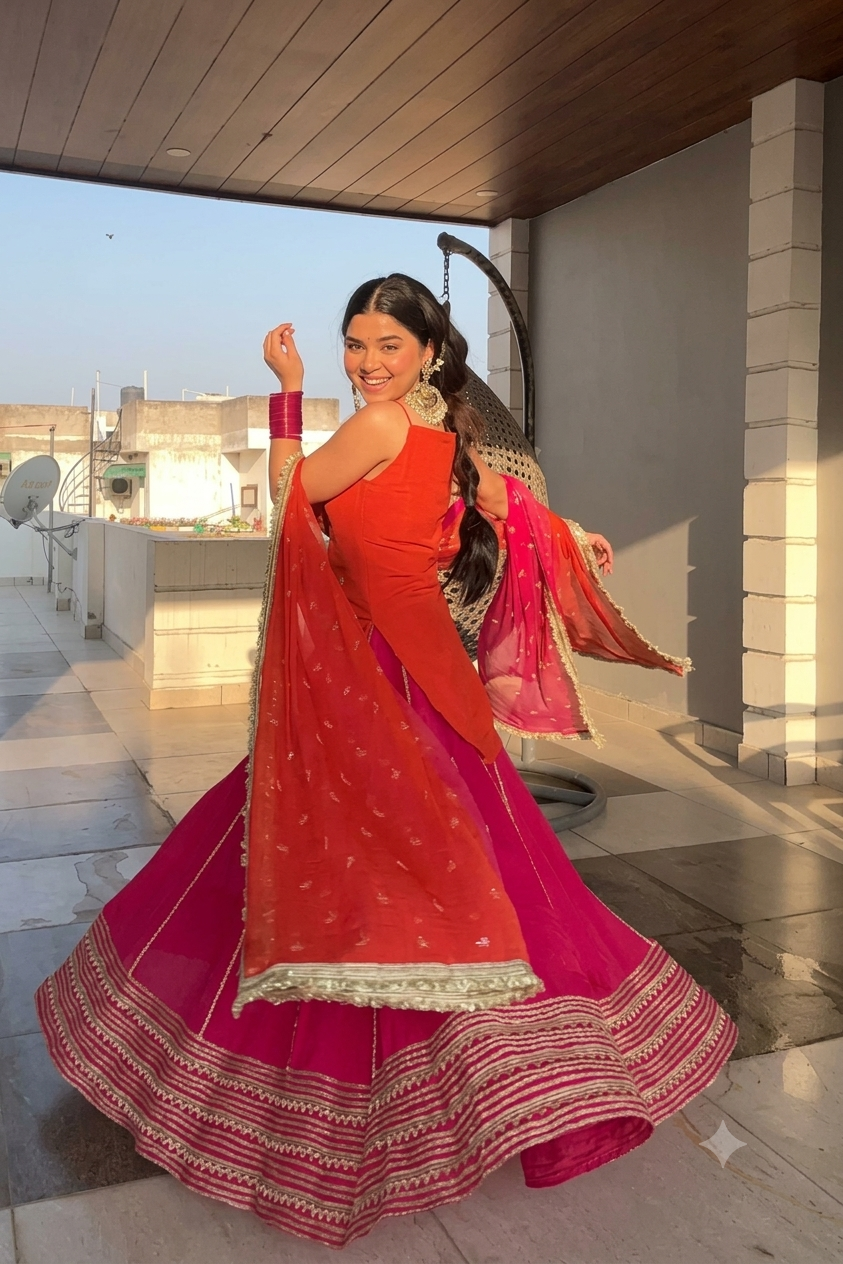 XORIVAA RANI PINK & ORANGE SEQUIN EMBROIDERED CROP TOP LEHENGA SET
