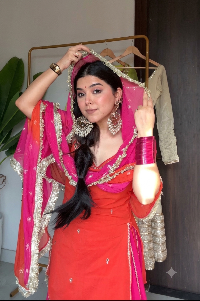 XORIVAA RANI PINK & ORANGE SEQUIN EMBROIDERED CROP TOP LEHENGA SET