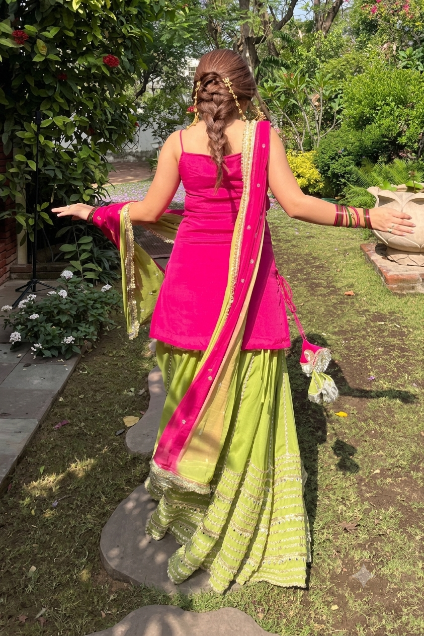 XORIVAA RANI PINK & ORANGE SEQUIN EMBROIDERED CROP TOP LEHENGA SET