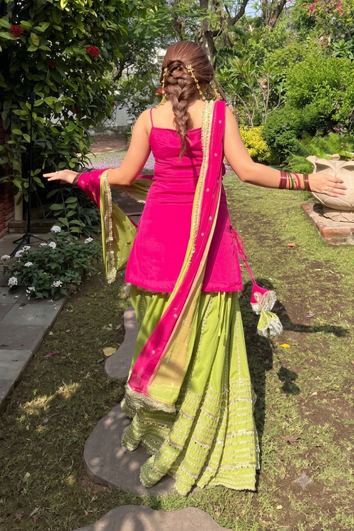 XORIVAA RANI PINK & ORANGE SEQUIN EMBROIDERED CROP TOP LEHENGA SET